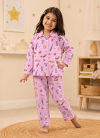Bumzee Pink Graphic Print Nightsuit, Full Sleeves, 100% Cotton