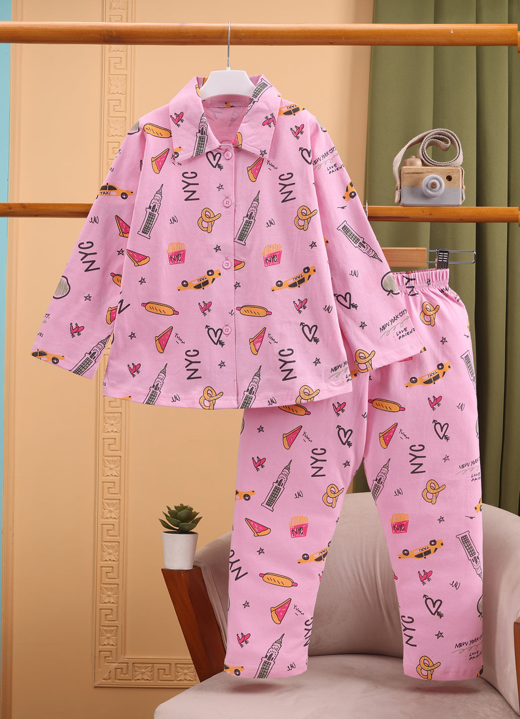 Bumzee Pink Graphic Print Nightsuit, Full Sleeves, 100% Cotton