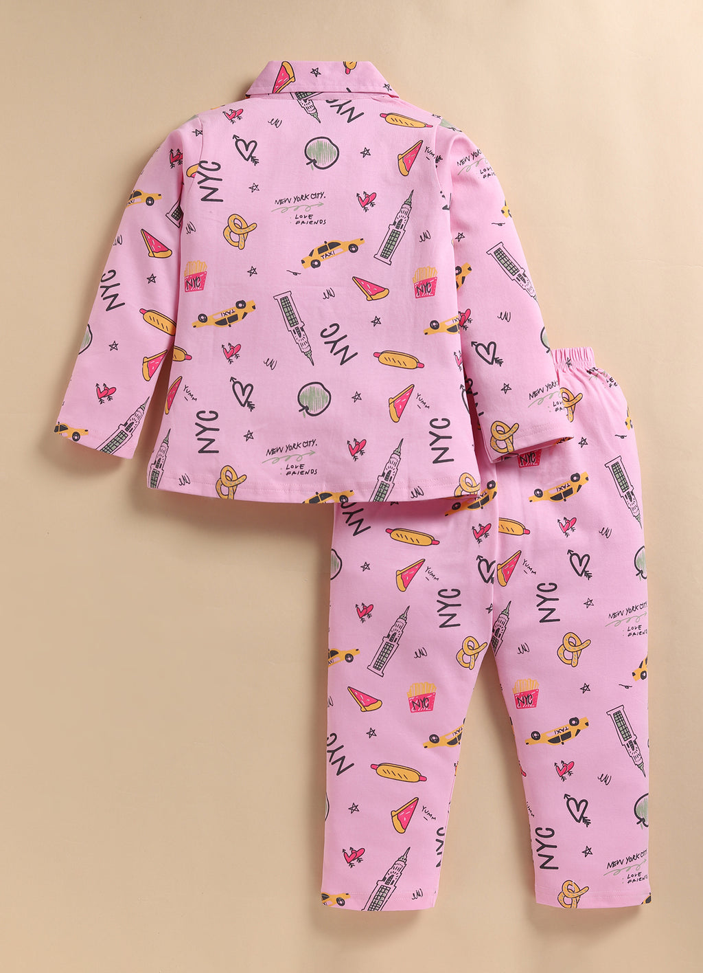 Bumzee Pink Graphic Print Nightsuit, Full Sleeves, 100% Cotton