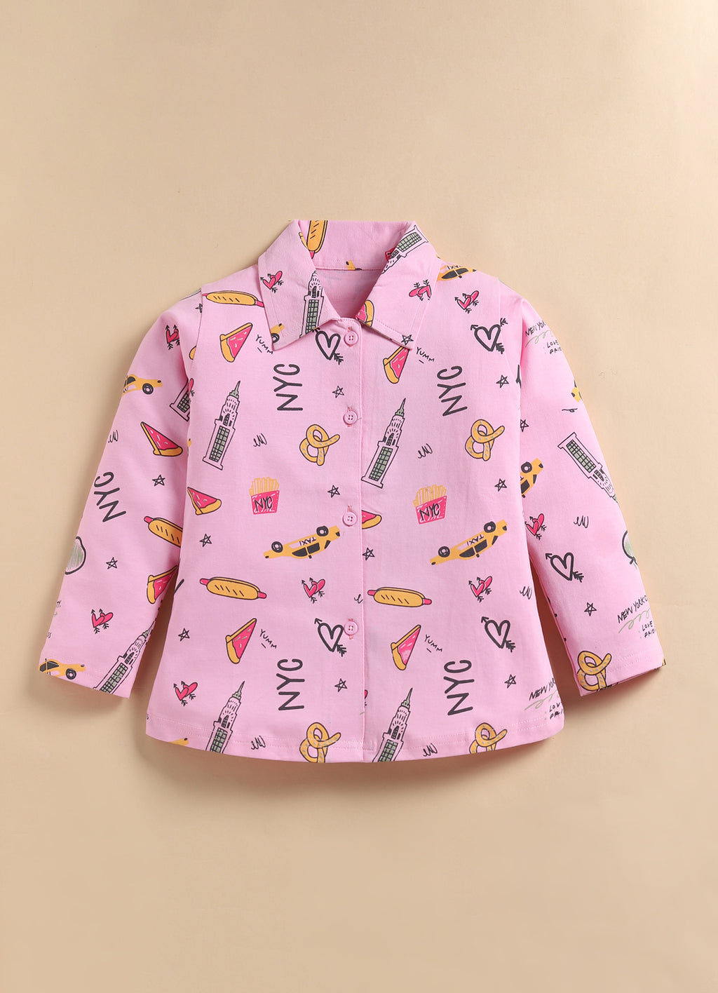 Bumzee Pink Graphic Print Nightsuit, Full Sleeves, 100% Cotton