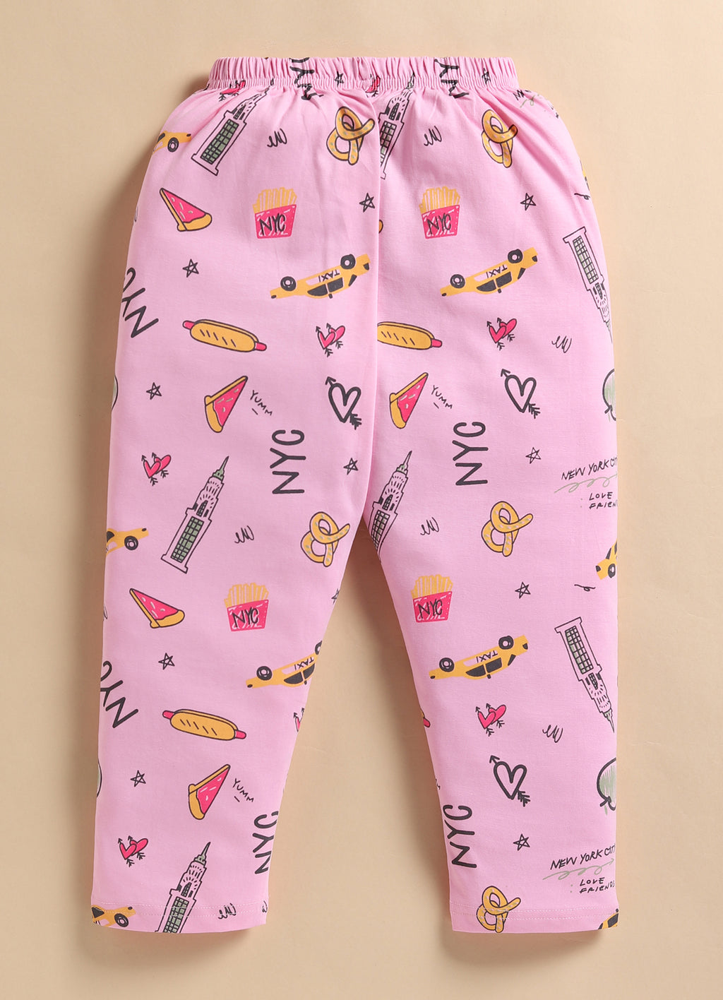 Bumzee Pink Graphic Print Nightsuit, Full Sleeves, 100% Cotton