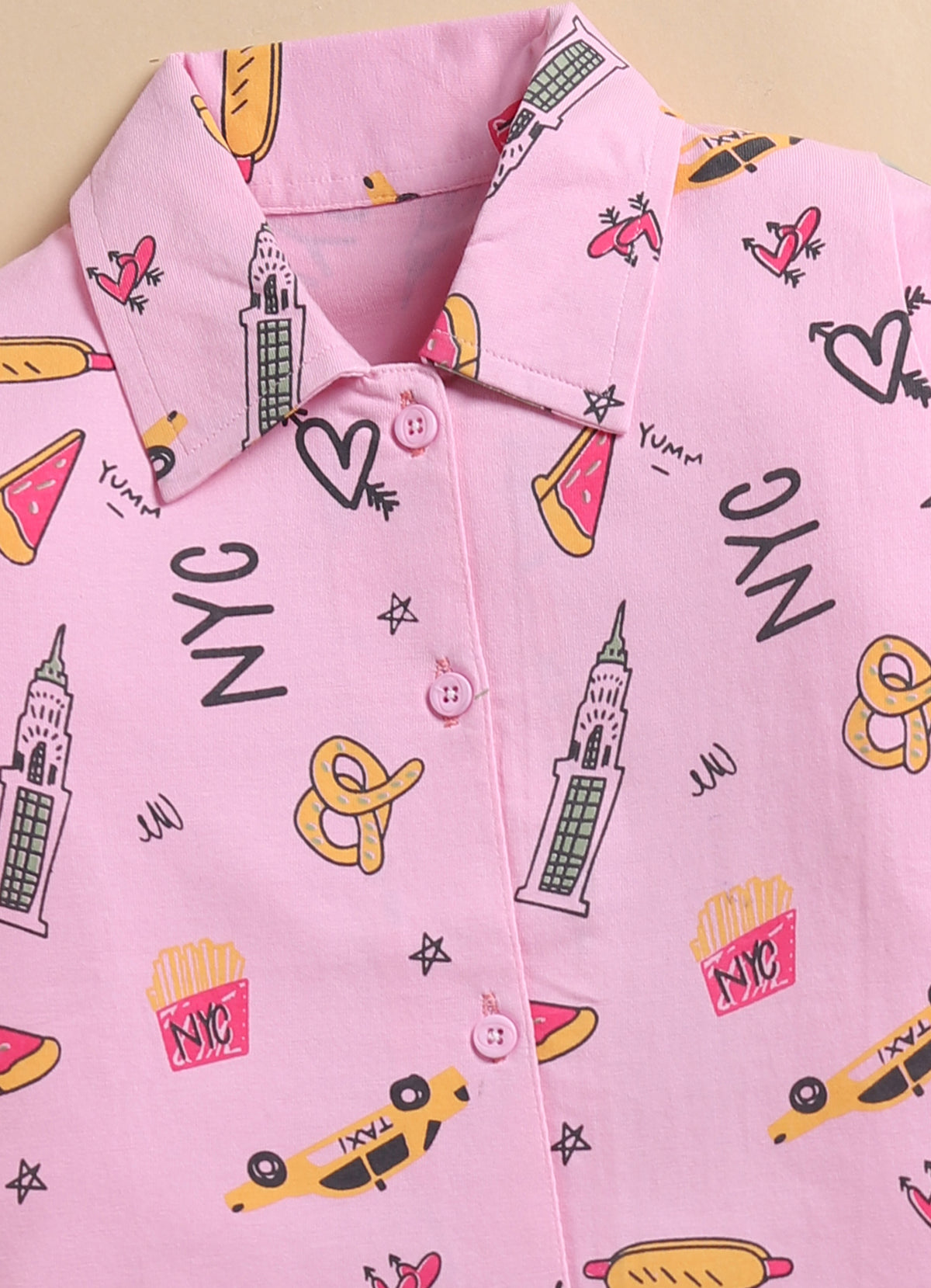 Bumzee Pink Graphic Print Nightsuit, Full Sleeves, 100% Cotton