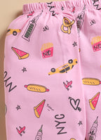 Bumzee Pink Graphic Print Nightsuit, Full Sleeves, 100% Cotton