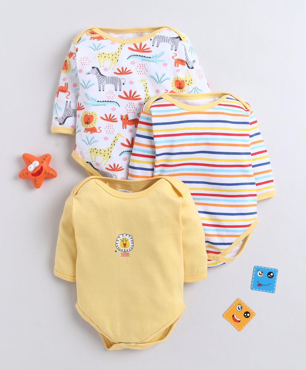 Bumzee Yellow & White Animal Print Bodysuit, Pack of 3, Full Sleeves, 100% Cotton (Style Peb11723)