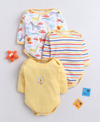 Bumzee Yellow & White Animal Print Bodysuit, Pack of 3, Full Sleeves, 100% Cotton (Style Peb11723)