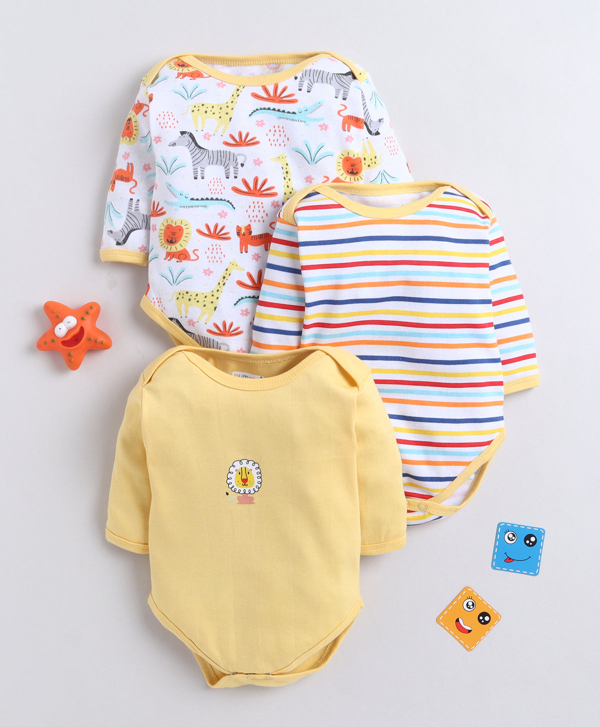 Bumzee Yellow & White Animal Print Bodysuit, Pack of 3, Full Sleeves, 100% Cotton (Style Peb11723)