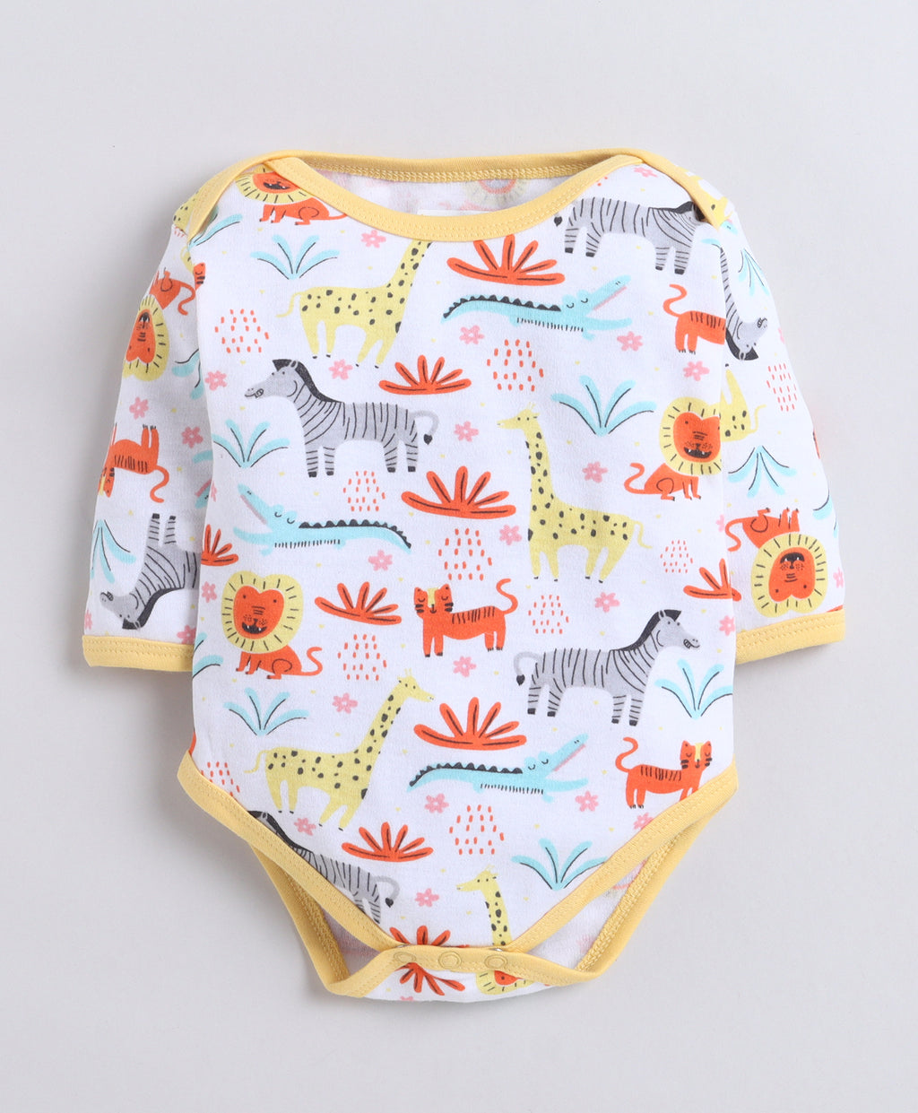 Bumzee Yellow & White Animal Print Bodysuit, Pack of 3, Full Sleeves, 100% Cotton (Style Peb11723)