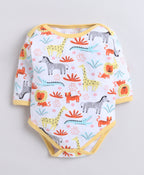 Bumzee Yellow & White Animal Print Bodysuit, Pack of 3, Full Sleeves, 100% Cotton (Style Peb11723)