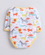 Bumzee Yellow & White Animal Print Bodysuit, Pack of 3, Full Sleeves, 100% Cotton (Style Peb11723)