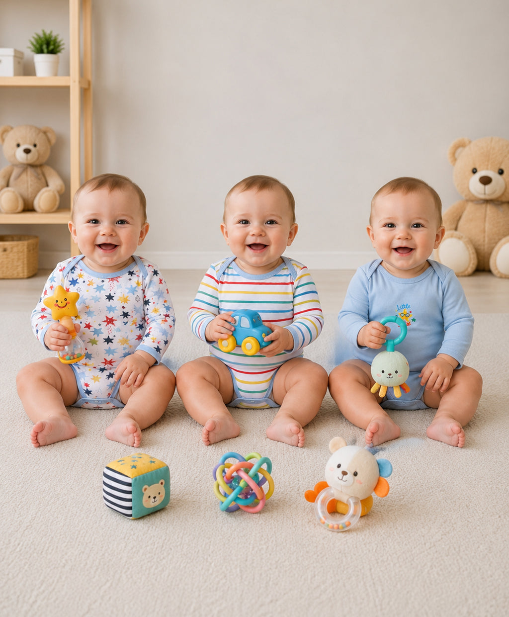 Bumzee Sky Blue & White Graphic Print Bodysuit, Pack of 3, Full Sleeves, Onesie (Style Peb11724)