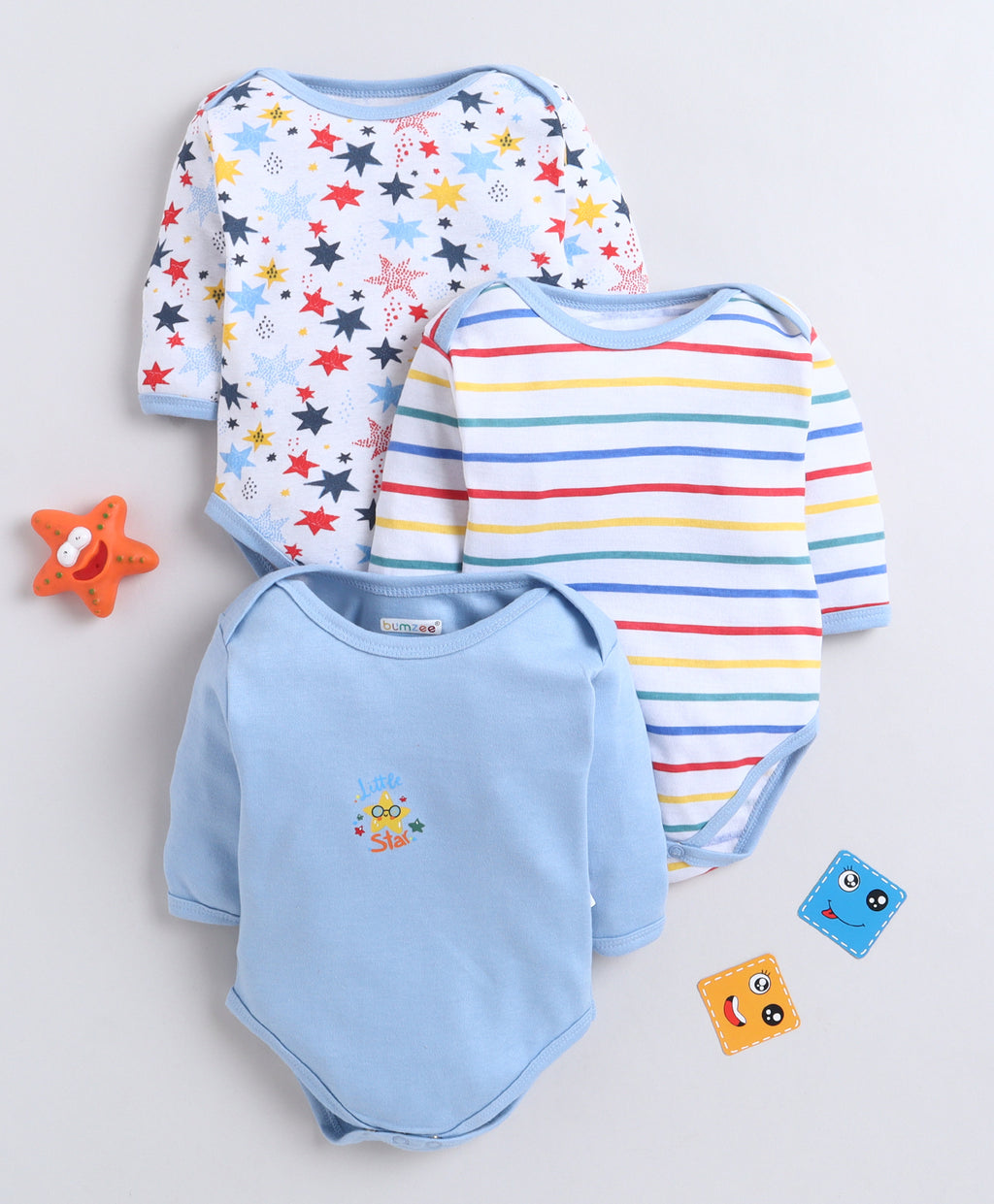 Bumzee Sky Blue & White Graphic Print Bodysuit, Pack of 3, Full Sleeves, Onesie (Style Peb11724)