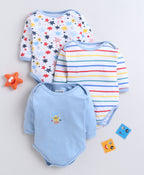 Bumzee Sky Blue & White Graphic Print Bodysuit, Pack of 3, Full Sleeves, Onesie (Style Peb11724)