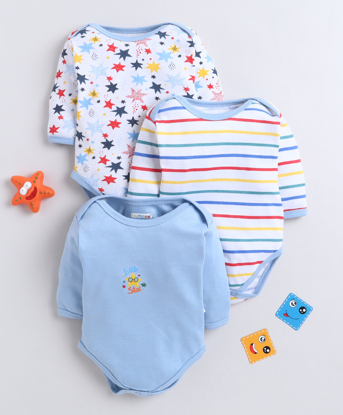 Bumzee Sky Blue & White Graphic Print Bodysuit, Pack of 3, Full Sleeves, Onesie (Style Peb11724)