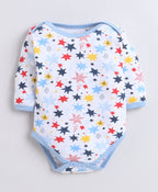 Bumzee Sky Blue & White Graphic Print Bodysuit, Pack of 3, Full Sleeves, Onesie (Style Peb11724)
