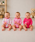 Bumzee Pink & White Graphic Print Bodysuit, Pack of 3, Full Sleeves, 100% Cotton, Onesie (Style Peb11725)