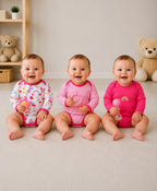 Bumzee Pink & White Graphic Print Bodysuit, Pack of 3, Full Sleeves, 100% Cotton, Onesie (Style Peb11725)