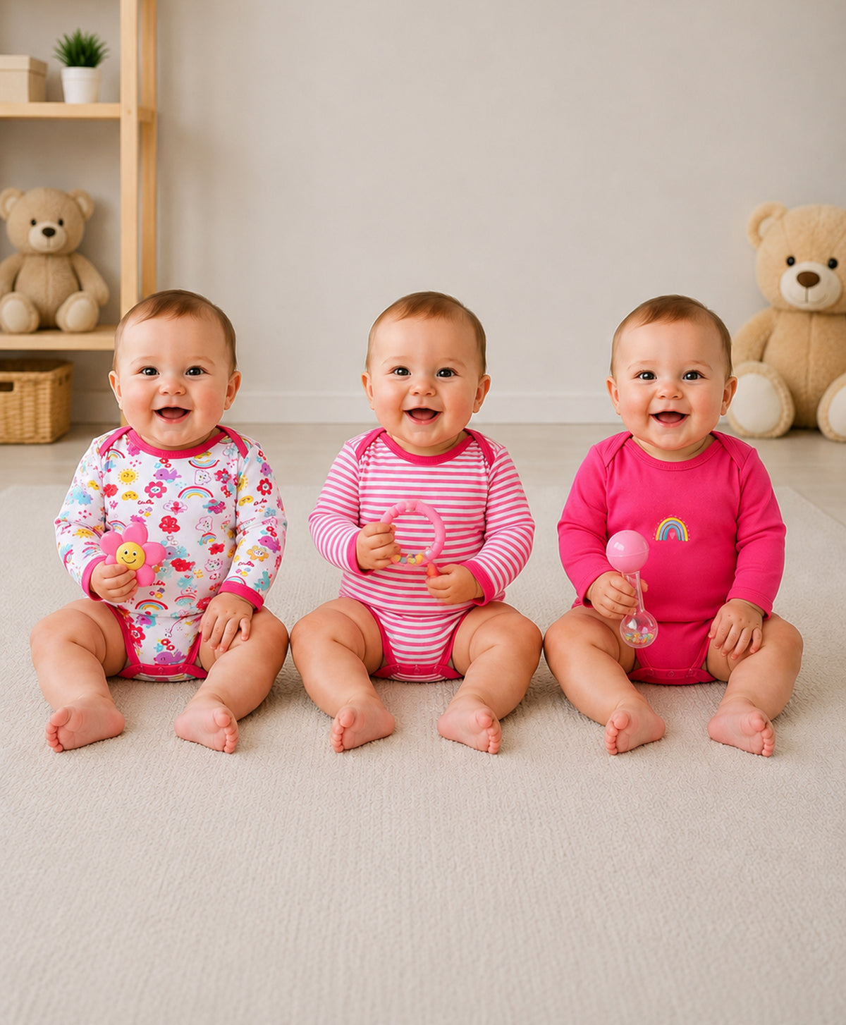 Bumzee Pink & White Graphic Print Bodysuit, Pack of 3, Full Sleeves, 100% Cotton, Onesie (Style Peb11725)