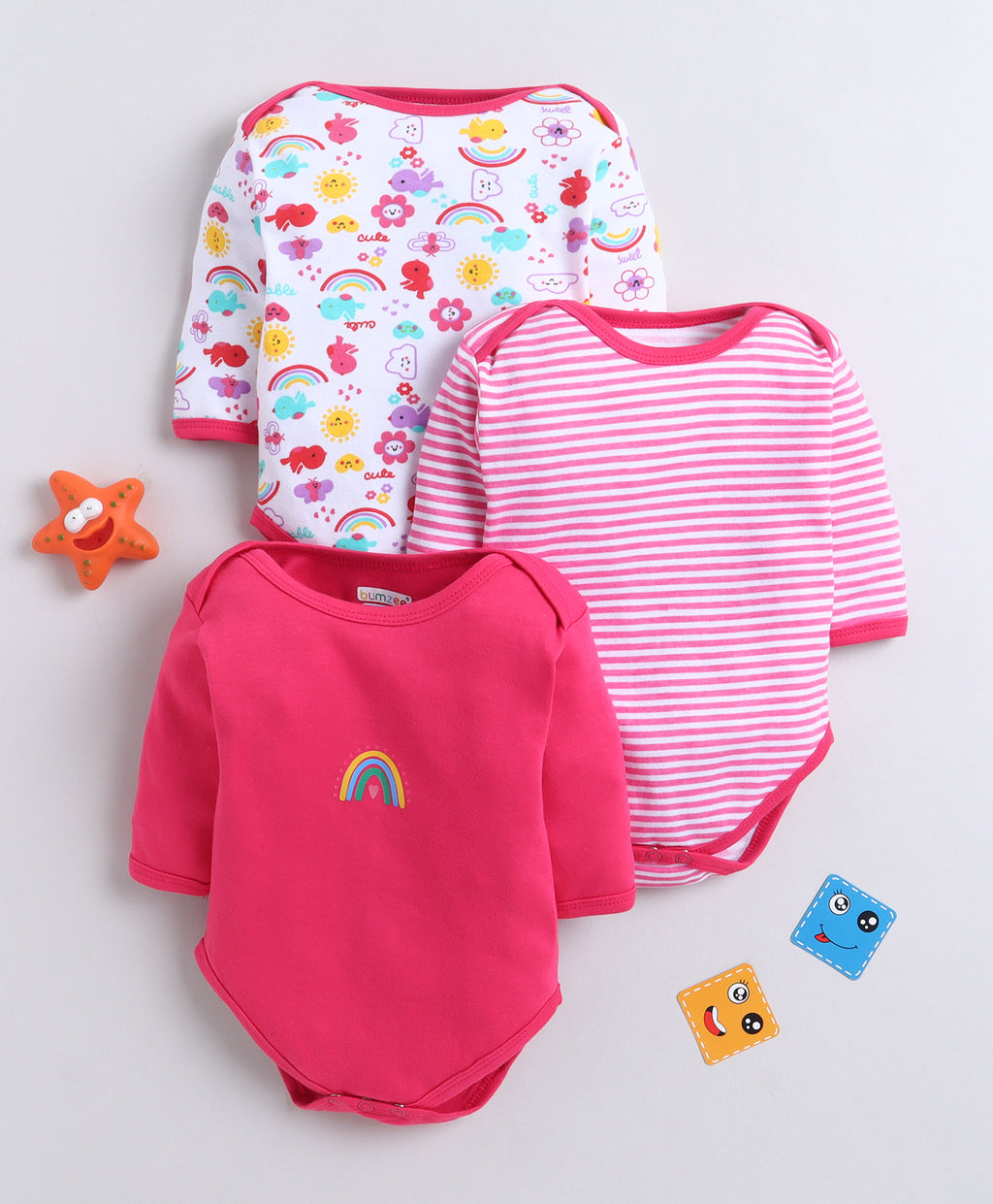 Bumzee Pink & White Graphic Print Bodysuit, Pack of 3, Full Sleeves, 100% Cotton, Onesie (Style Peb11725)
