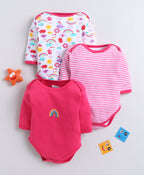 Bumzee Pink & White Graphic Print Bodysuit, Pack of 3, Full Sleeves, 100% Cotton, Onesie (Style Peb11725)