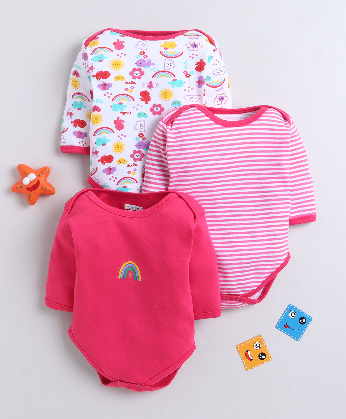 Bumzee Pink & White Graphic Print Bodysuit, Pack of 3, Full Sleeves, 100% Cotton, Onesie (Style Peb11725)
