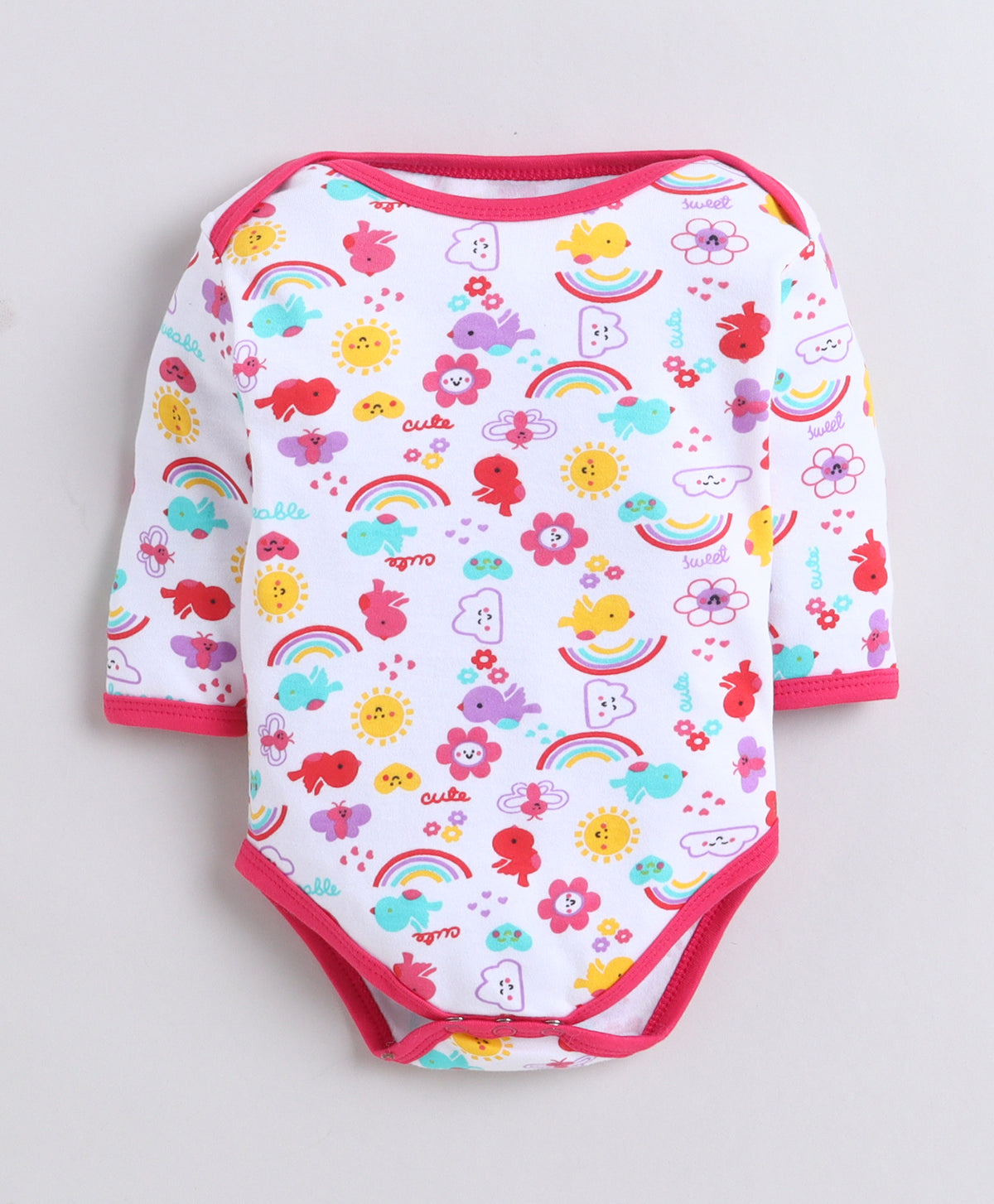 Bumzee Pink & White Graphic Print Bodysuit, Pack of 3, Full Sleeves, 100% Cotton, Onesie (Style Peb11725)
