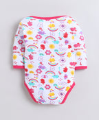 Bumzee Pink & White Graphic Print Bodysuit, Pack of 3, Full Sleeves, 100% Cotton, Onesie (Style Peb11725)
