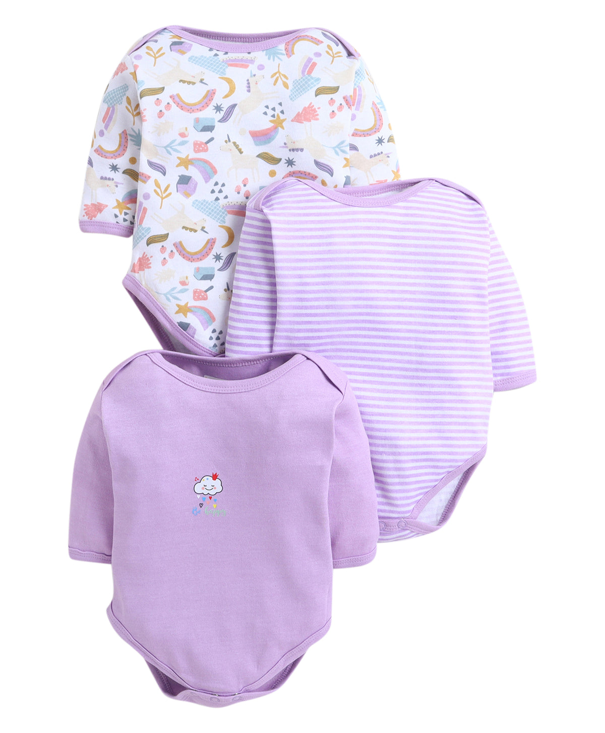 Bumzee Lavender & White Graphic Print Bodysuit, Pack of 3, Full Sleeves