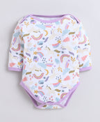 Bumzee Lavender & White Graphic Print Bodysuit, Pack of 3, Full Sleeves