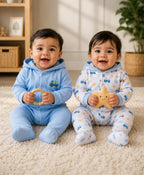 Bumzee Sky Blue & White Graphic Print Sleepsuit, Pack of 2, Full Sleeves