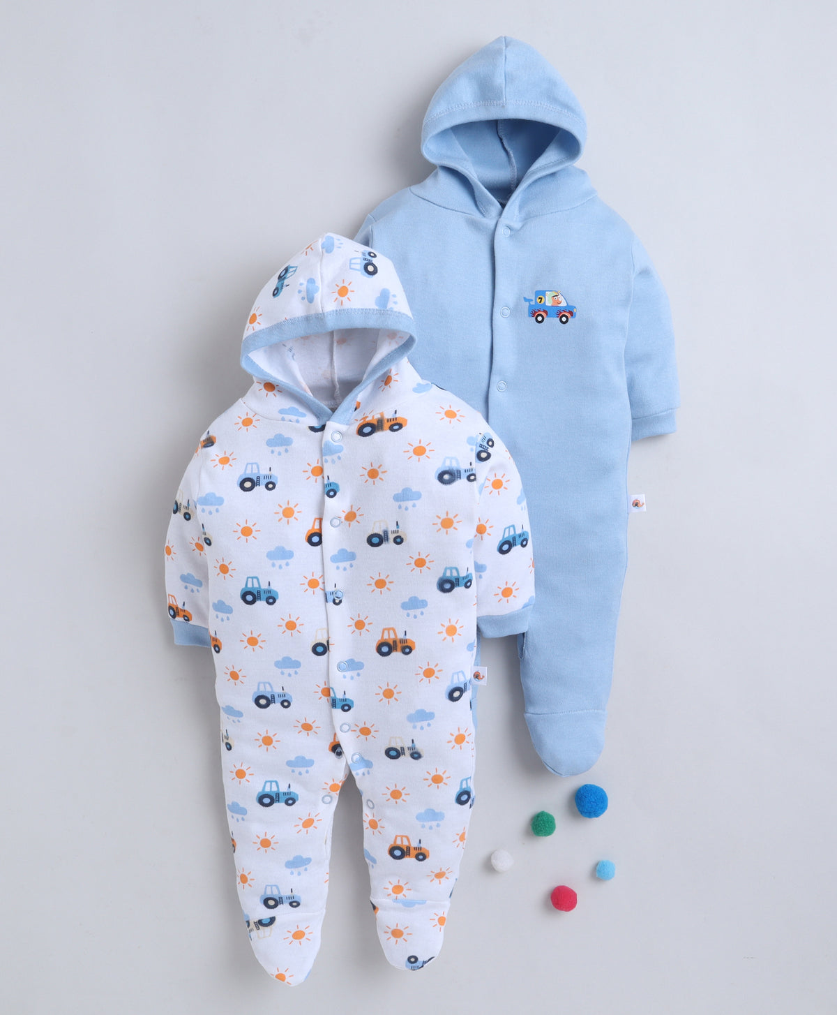 Bumzee Sky Blue & White Graphic Print Sleepsuit, Pack of 2, Full Sleeves