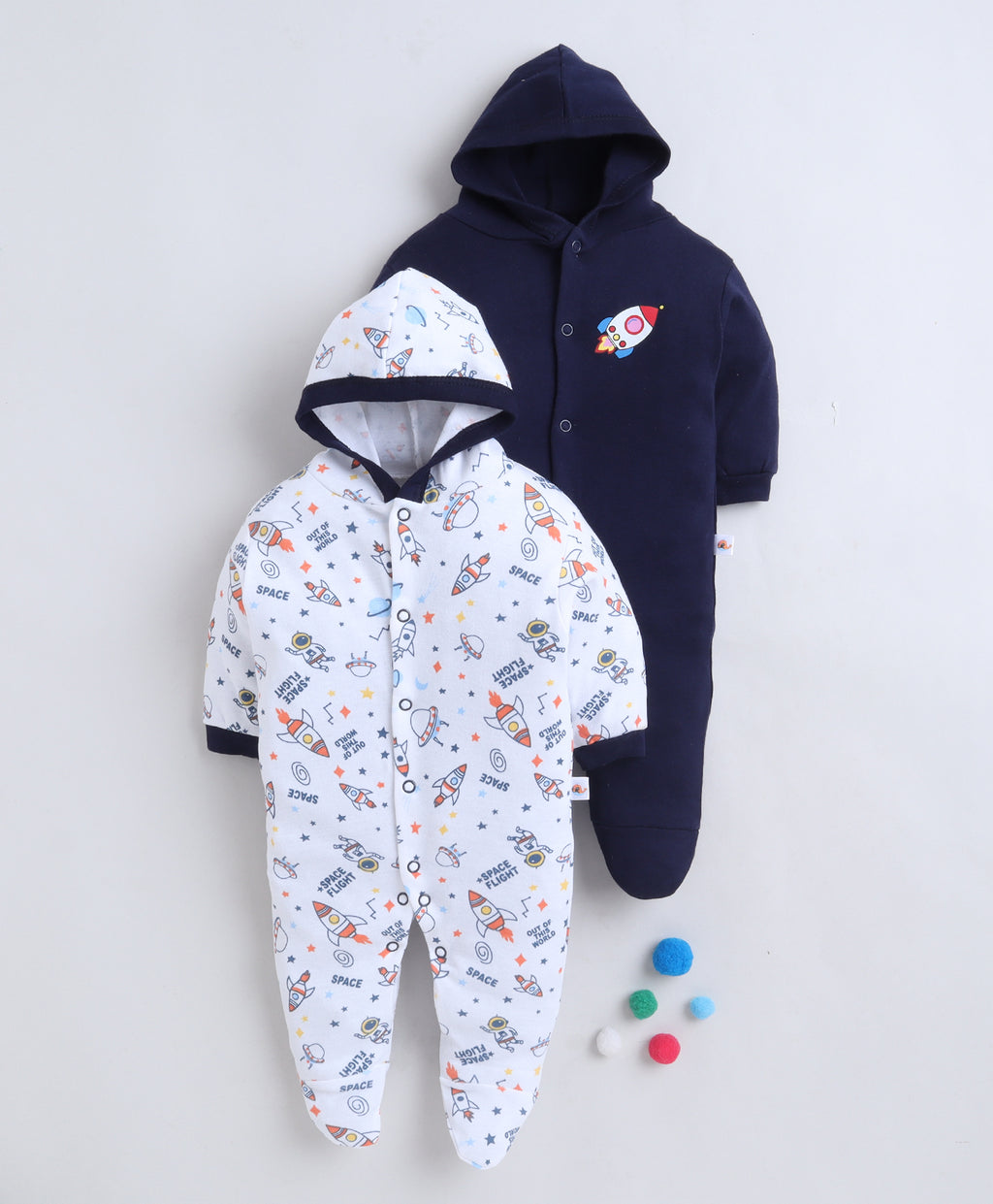 Bumzee Navy & White Graphic Print Sleepsuit, Pack of 2, Full Sleeves, 100% Cotton (Style Peb11728)