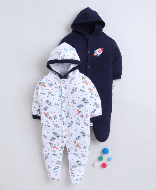 Bumzee Navy & White Graphic Print Sleepsuit, Pack of 2, Full Sleeves, 100% Cotton (Style Peb11728)