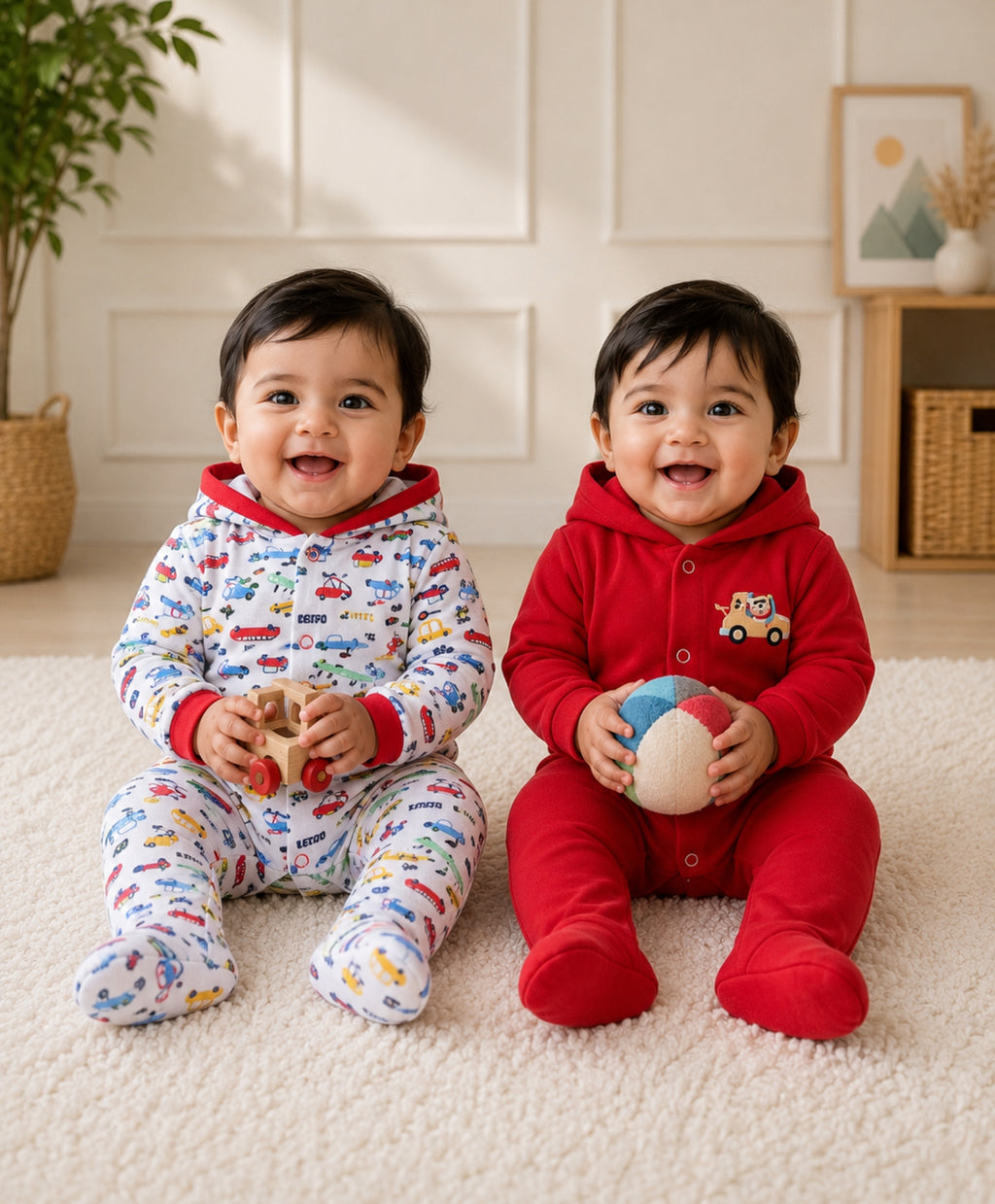 Bumzee Red & White Graphic Print Sleepsuit, Pack of 2, Full Sleeves, 100% Cotton