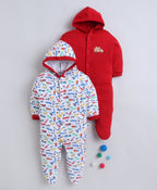 Bumzee Red & White Graphic Print Sleepsuit, Pack of 2, Full Sleeves, 100% Cotton