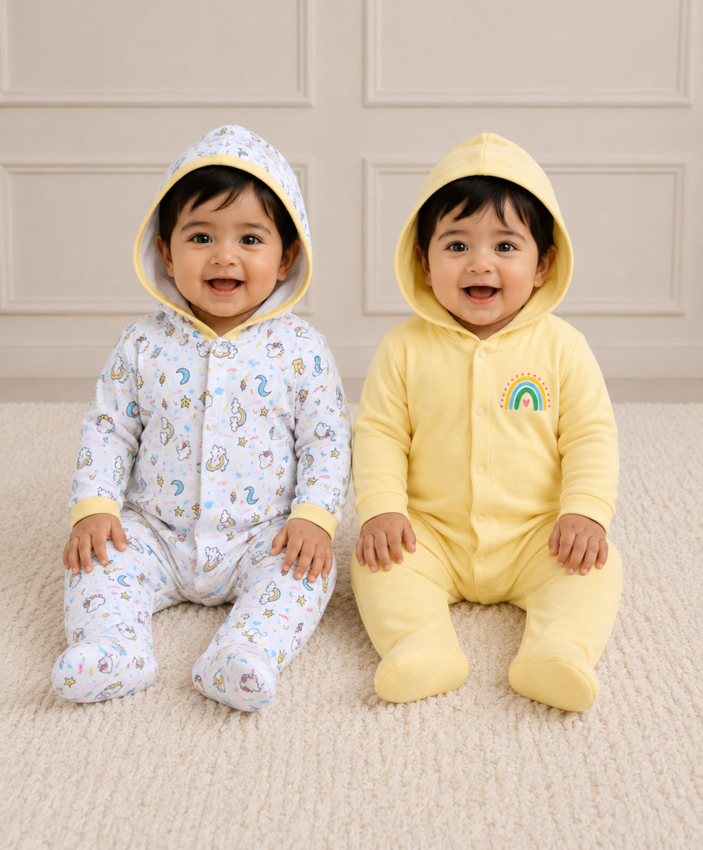 Bumzee Yellow & White Graphic Print Sleepsuit, Pack of 2, Full Sleeves