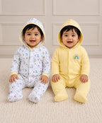 Bumzee Yellow & White Graphic Print Sleepsuit, Pack of 2, Full Sleeves