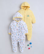 Bumzee Yellow & White Graphic Print Sleepsuit, Pack of 2, Full Sleeves