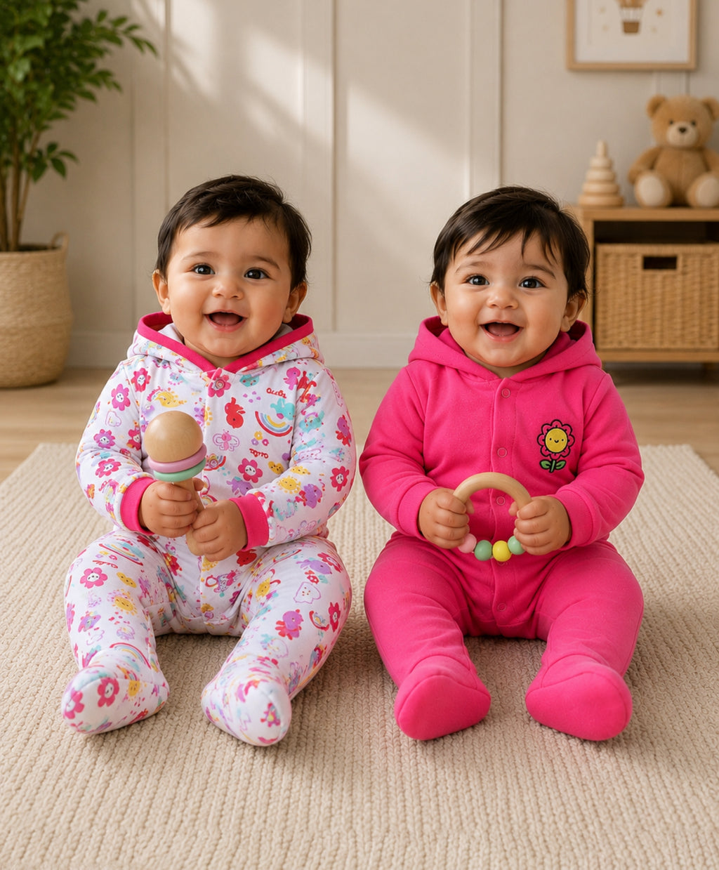 Bumzee Pink & White Graphic Print Sleepsuit, Pack of 2, Full Sleeves, 100% Cotton