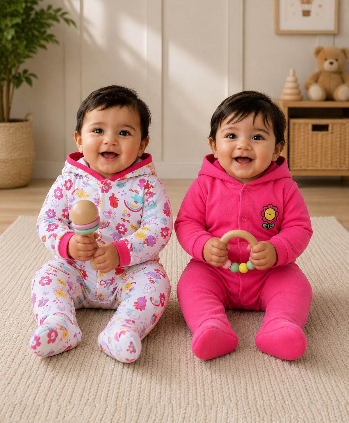 Bumzee Pink & White Graphic Print Sleepsuit, Pack of 2, Full Sleeves, 100% Cotton
