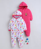 Bumzee Pink & White Graphic Print Sleepsuit, Pack of 2, Full Sleeves, 100% Cotton