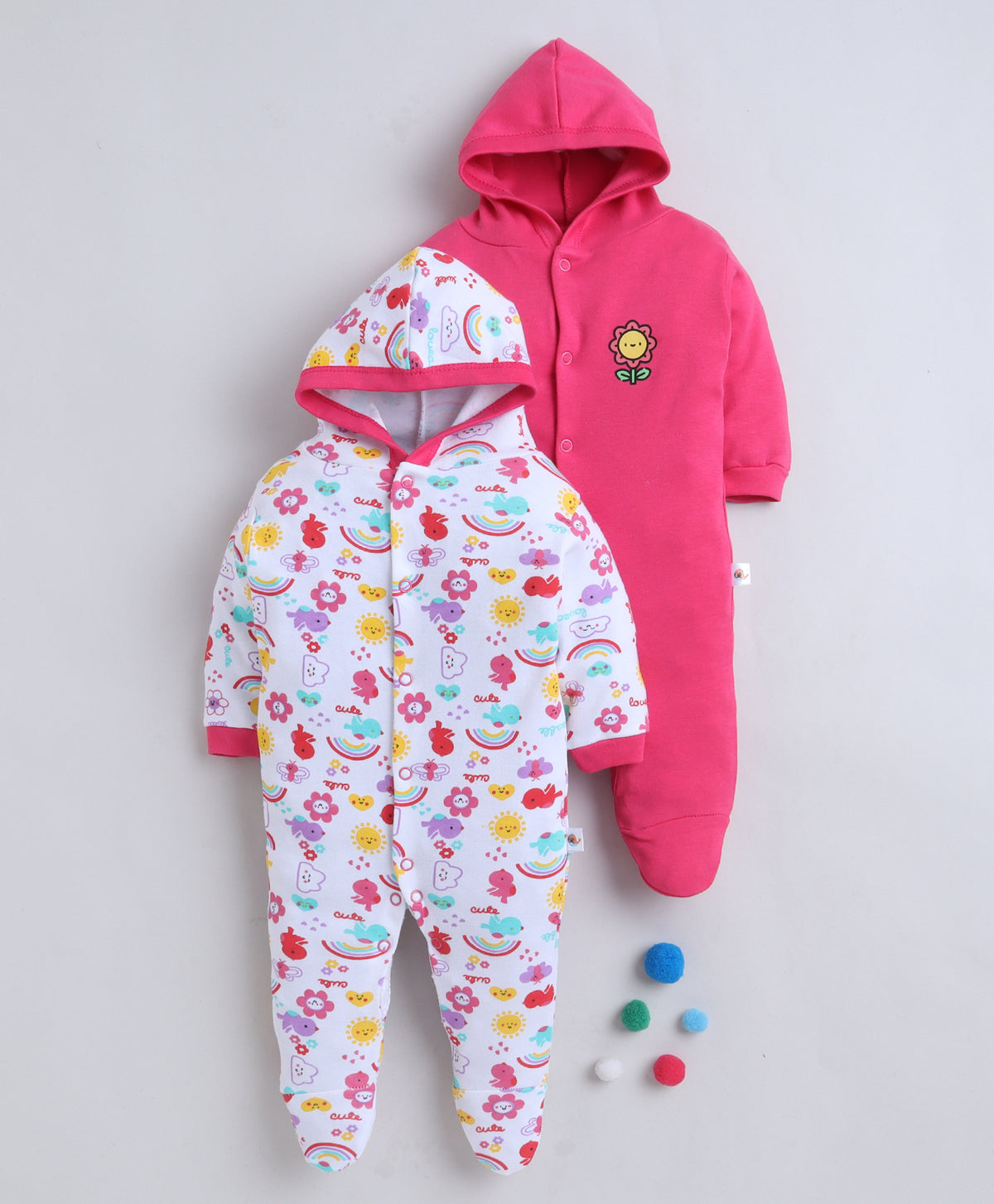 Bumzee Pink & White Graphic Print Sleepsuit, Pack of 2, Full Sleeves, 100% Cotton