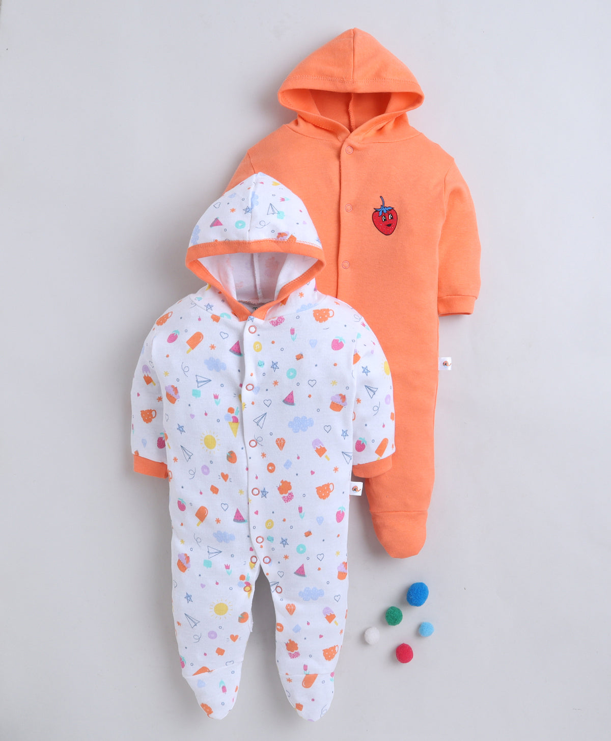 Bumzee Orange & White Graphic Print Sleepsuit, Pack of 2, Full Sleeves