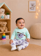 Bumzee Mint & White Animal Print Bodysuit & Jogger Set, Full Sleeves, 100% Cotton