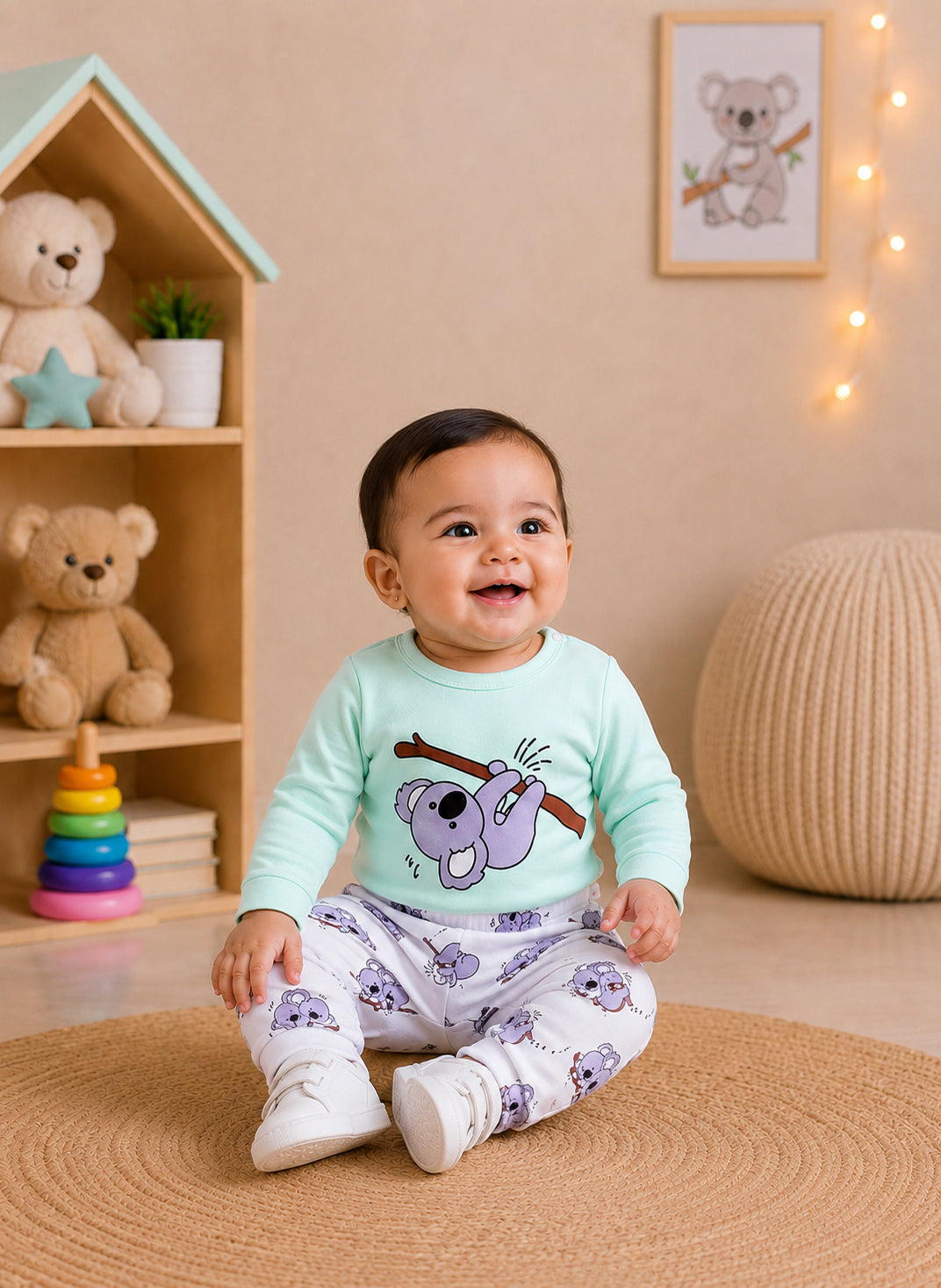 Bumzee Mint & White Animal Print Bodysuit & Jogger Set, Full Sleeves, 100% Cotton