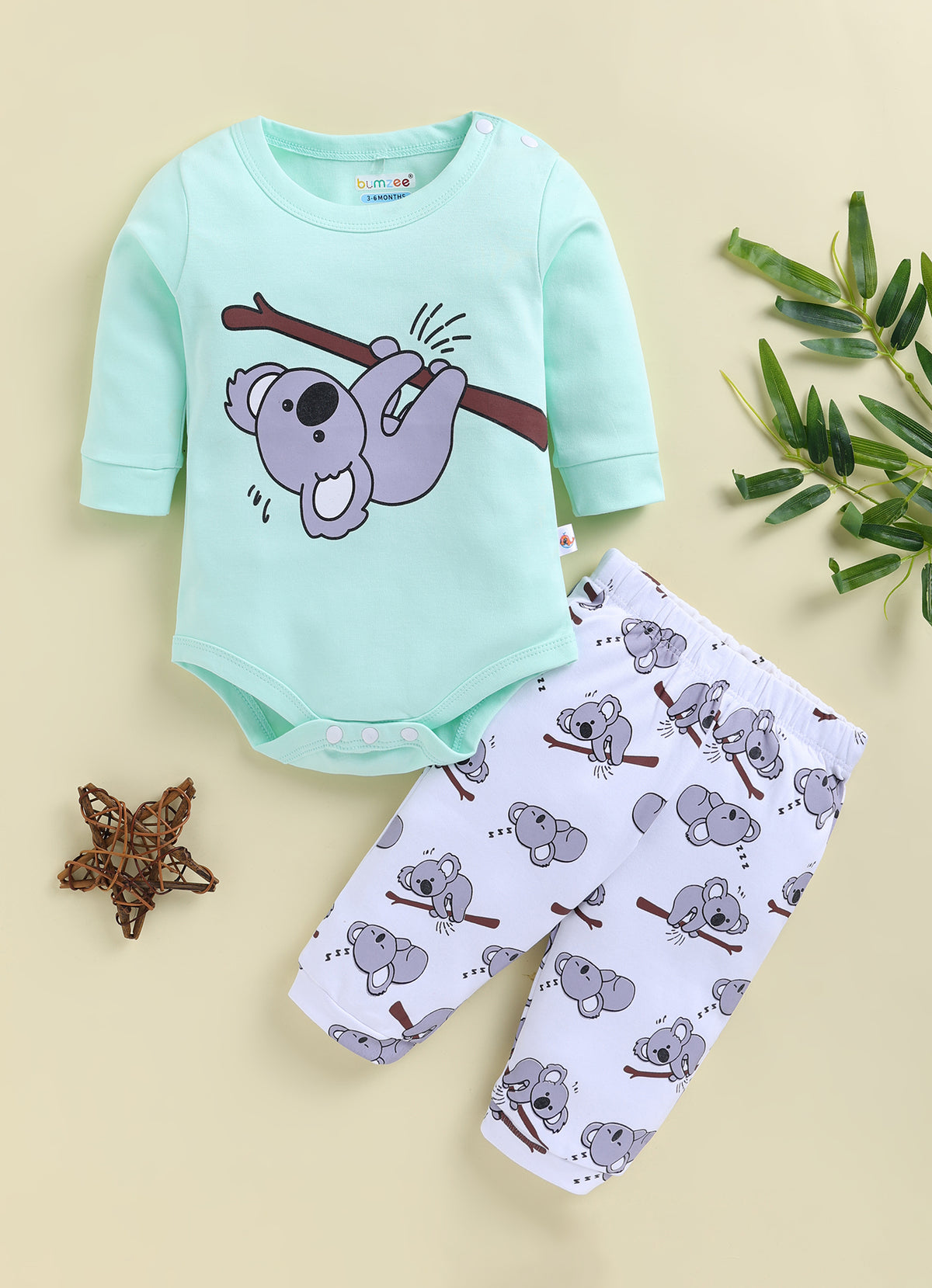 Bumzee Mint & White Animal Print Bodysuit & Jogger Set, Full Sleeves, 100% Cotton
