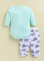 Bumzee Mint & White Animal Print Bodysuit & Jogger Set, Full Sleeves, 100% Cotton