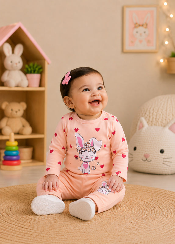 Bumzee Peach Animal Print Bodysuit & Jogger Set, Full Sleeves, 100% Cotton