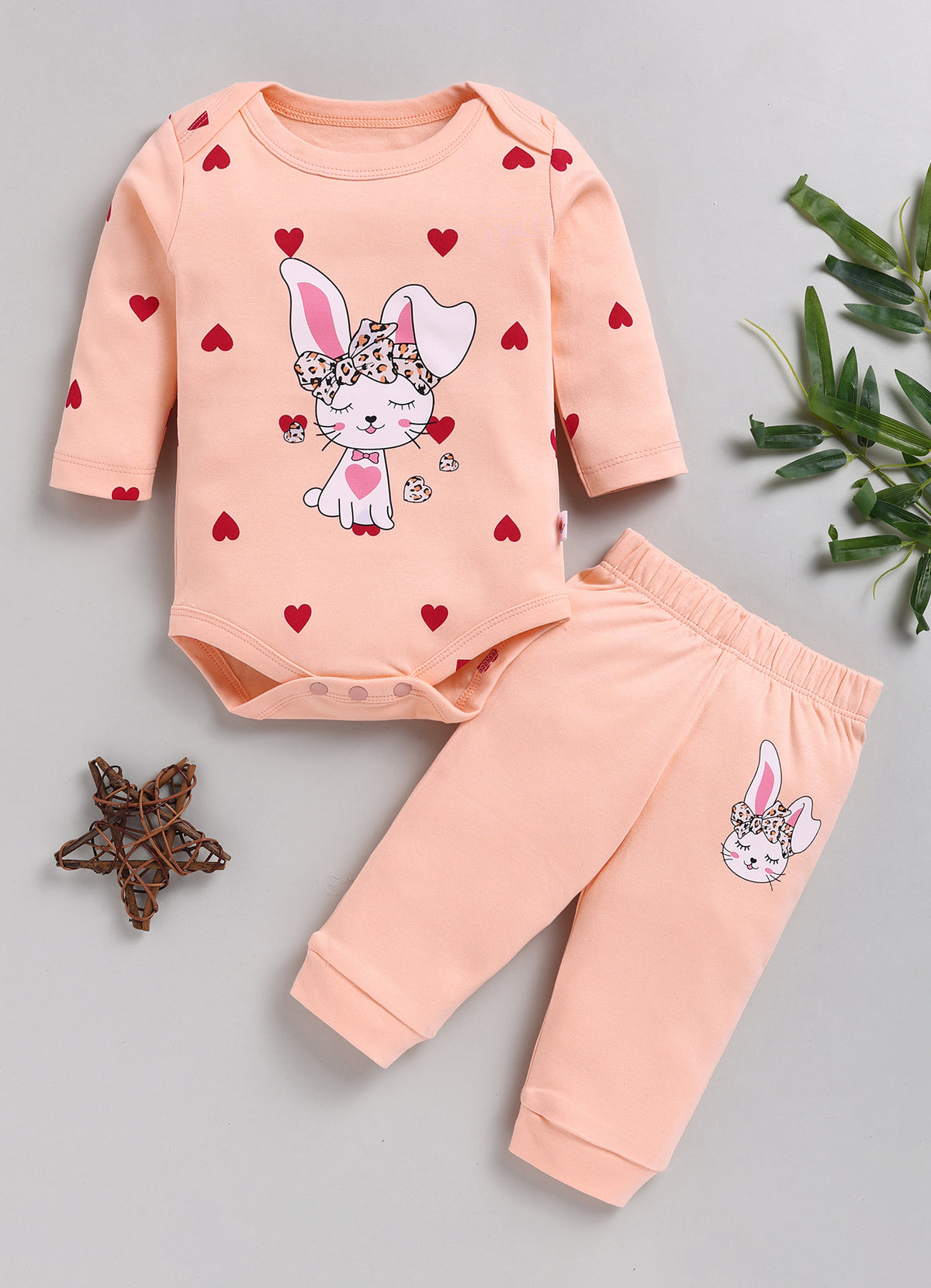 Bumzee Peach Animal Print Bodysuit & Jogger Set, Full Sleeves, 100% Cotton