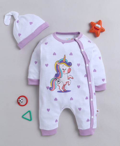 Bumzee White Animal Print Sleepsuit, Full Sleeves, 100% Cotton