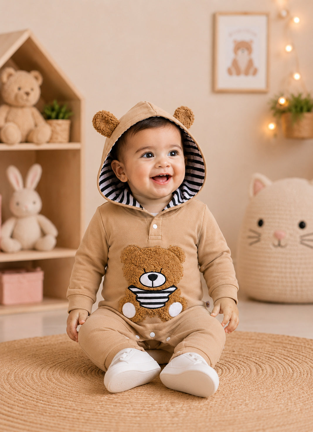 Bumzee Brown Embroidered Sleepsuit, Full Sleeves, 100% Cotton
